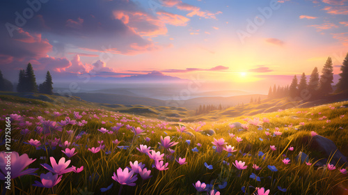 spring meadow in the morning at sunrise