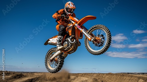 Mid air motorcycle stunt jump with off road motocross bike in canyon trail under blue sky
