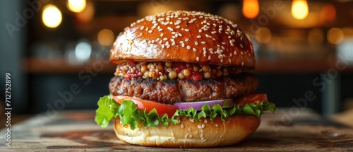 The meatless hamburger is made with quinoa, chickpeas and walnuts, and represents transparency and purity of ingredients. photo