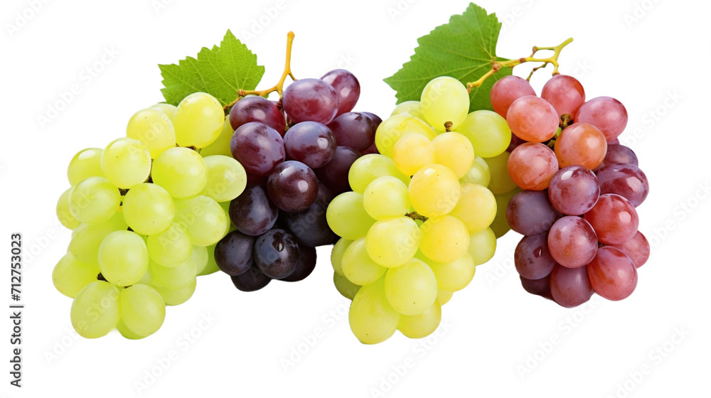 Bunch of isolated colorful fresh grapes collection in white transparent background.	