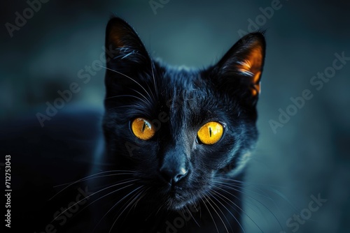 A close-up of a black cat with glowing yellow eyes against a dark background