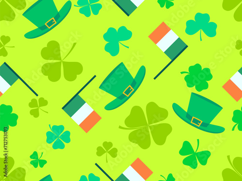 Seamless pattern with Irish flag, clover leaves and leprechaun hat for St. Patrick's Day. Symbols of the Irish holiday. Festive design for wallpaper, banner and cover. Vector illustration