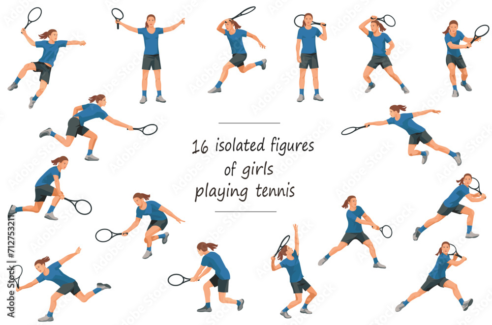 16 figures of girls tennis players in blue sports equipment throwing, catching, hitting the ball, standing, jumping and running 16 figures of girls tennis players in blue sports equipment throwing, catching, hitting the ball, standing, jumping and running