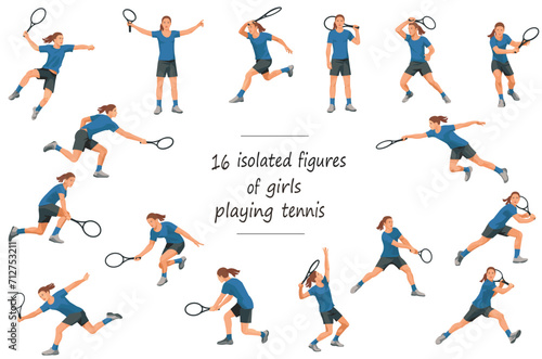 16 figures of girls tennis players in blue sports equipment throwing  catching  hitting the ball  standing  jumping and running
