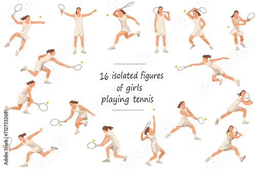 16 isolated figures of girls tennis players in white tournament dress in various stances and grips standing, running, rushing, jumping, hitting, serving, receiving the ball