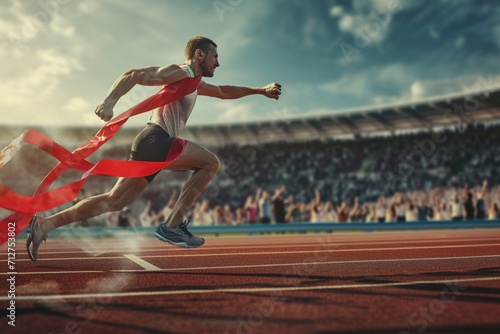 Fit Athlete Finishing a Sprint Run at a Crowded Arena with Cheering Spectators. Young Man Crossing the Finish Line with a Red Ribbon. Cinematic Super Slow Motion Sports Footage