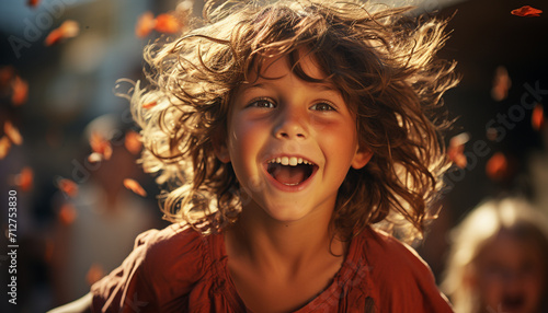 A cheerful child enjoys playful summer nights, smiling with joy generated by AI