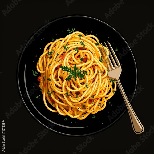 A dish of spaghetti with a fork, seen from above. 