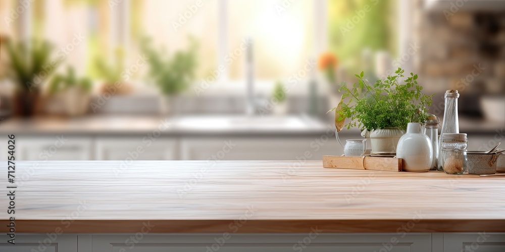 Kitchen room blurred background with table top. Kitchen room blurred background with table top.