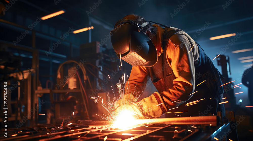 Apprentice welding in workshop, wearing full face mask Apprentice welding in workshop, wearing full face mask