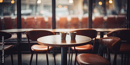 Seeking a stylish and modern background for your coffee shop photos? Our collection offers chic blur and dreamy bokeh with empty tables. © Sona