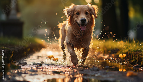 Cute puppy playing in the water, enjoying the summer outdoors generated by AI