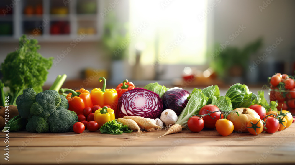 Collection of vegetables on kitchen worktop, blurred kitchen background 
