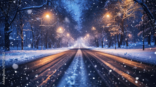 A road on snow fall day in winter time © ANEK
