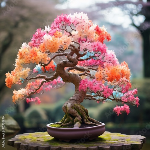 Beautiful coloured bonsai flowers trees image Generative AI