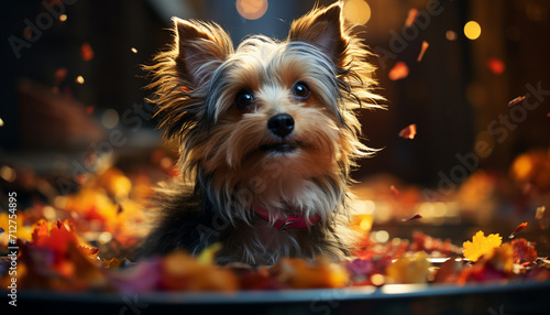 Cute puppy sitting on table  looking at camera in autumn generated by AI