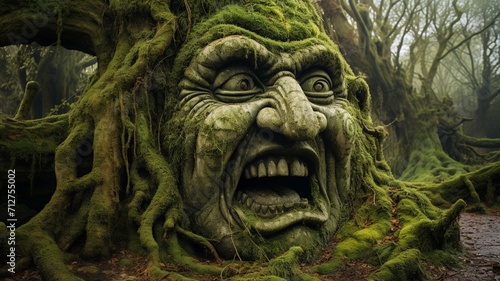 Green Tree A surreal  twisted tree trunk covered in vibrant moss  creating a captivating natural sculpture -Generative Ai