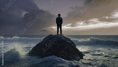 A man standing on a rock in the ocean photo