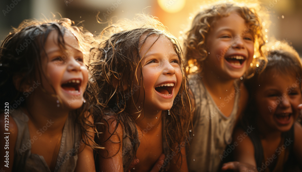 Obraz premium Group of children playing outdoors, smiling and enjoying summer fun generated by AI
