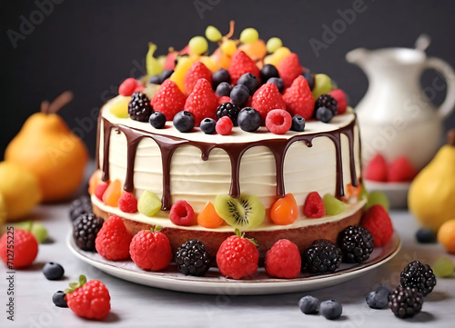 A big chocolate cake with berries Ai Generated