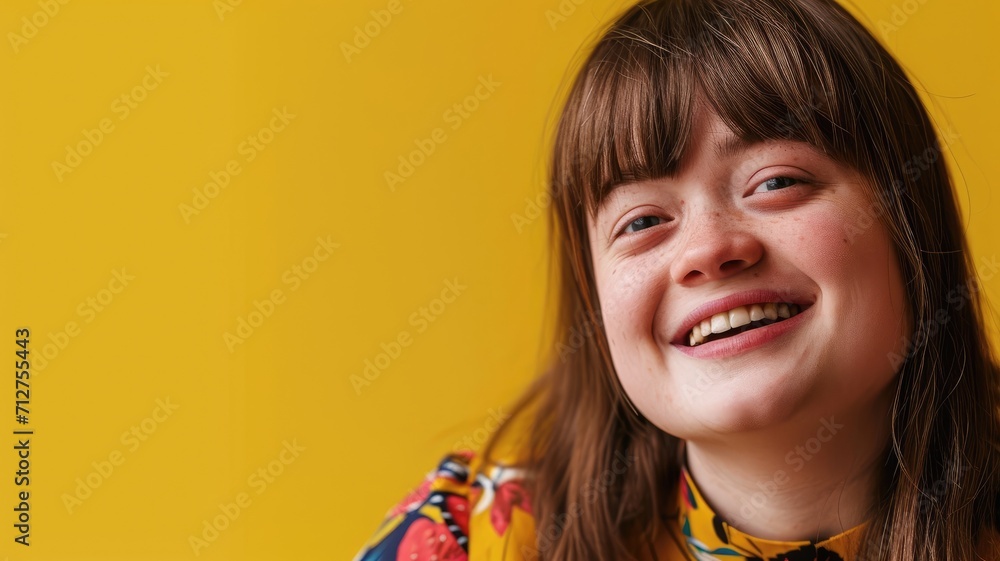 A girl with bangs smiling against a yellow background A girl with bangs smiling against a yellow background