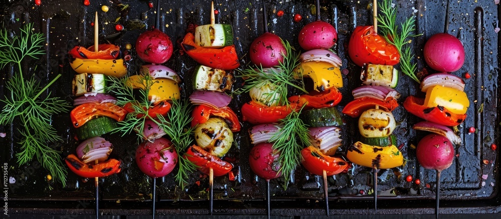 Fototapeta premium Vegetable skewers with tomatoes, radishes, peppers, onions, and dill on a grill pan.