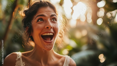 Joyful woman laughing outdoors with sunlight filtering through trees