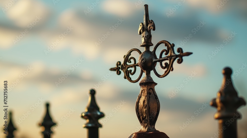 Decorative iron fence finial against a blurred sky background