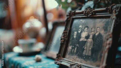 Antique family photo in a vintage frame on a table