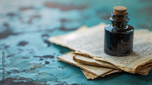 Ink bottle on aged paper with blurred turquoise background photo