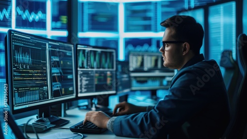 Man working on a computer in a modern server room