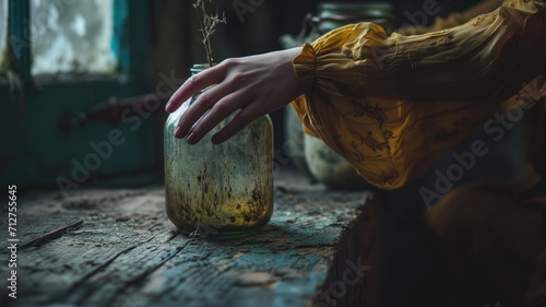 Hand gently resting on a weathered jar on a rustic table