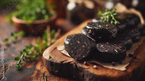 Sliced blood sausage on a rustic wooden board with herbs © Татьяна Макарова