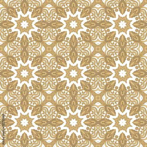 Golden ornamental texture, woven laced abstract mosaic pattern on white background