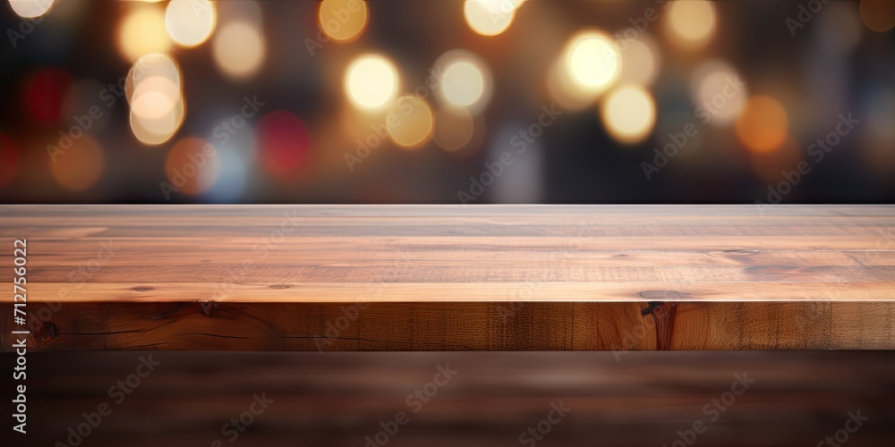 Blurred backdrop with wooden countertop.