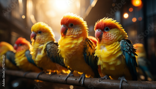 A cute yellow macaw perching on a branch, eating together generated by AI