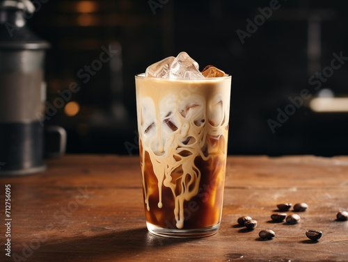 Iced coffee with milk on wooden table. Close up  selective focus