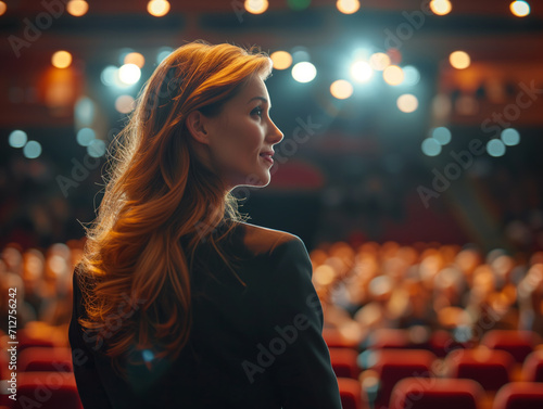 Motivational entrepreneur woman coaching success in auditorium at corporate event photo