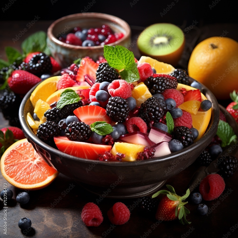 Beautiful fresh fruit mixed salad bowl images Generative AI Beautiful fresh fruit mixed salad bowl images Generative AI
