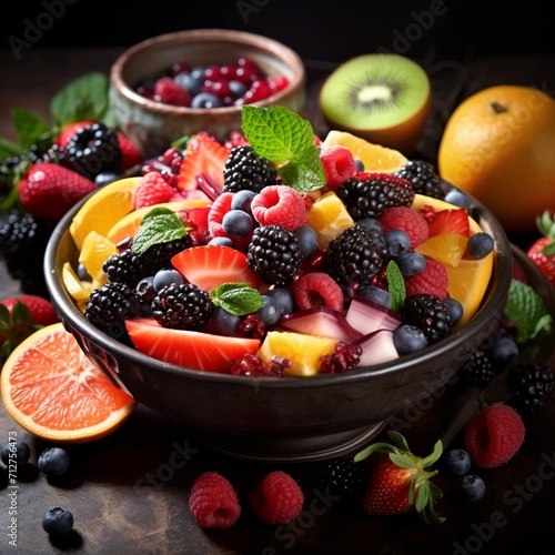 Beautiful fresh fruit mixed salad bowl images Generative AI