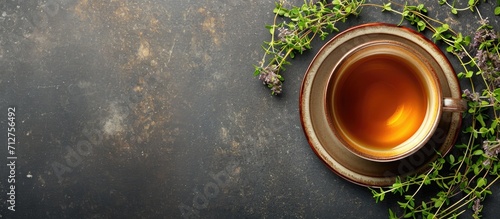 Aerial view of thyme tea with room for text.