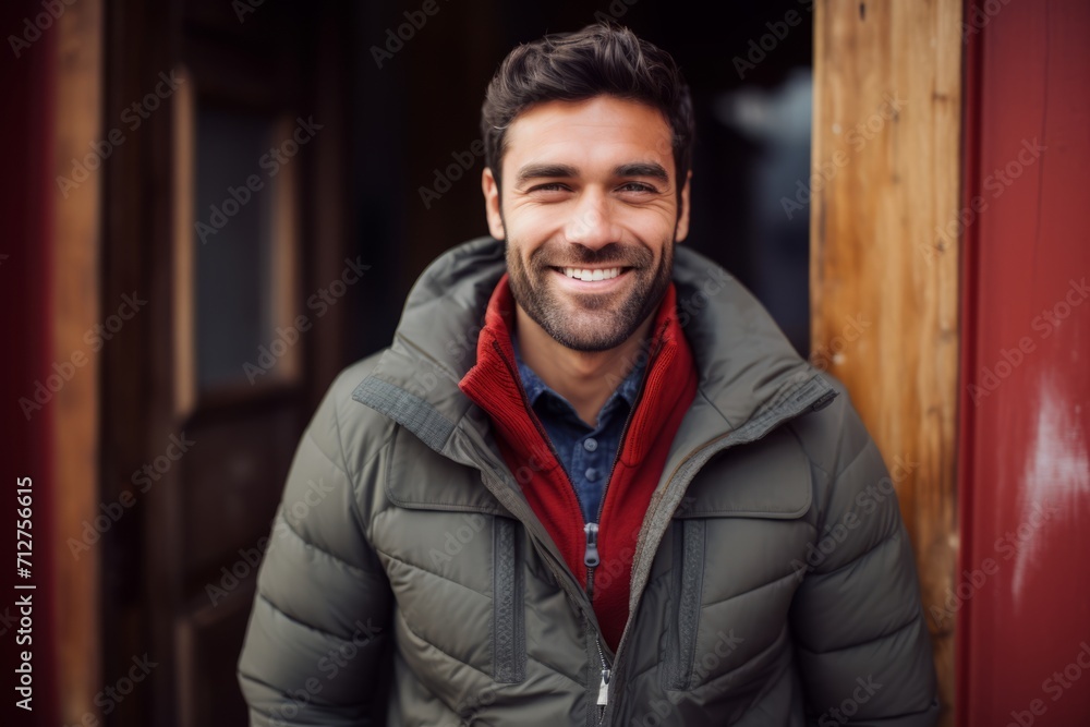 Portrait of handsome young man with beard in winter jacket standing outdoors Portrait of handsome young man with beard in winter jacket standing outdoors