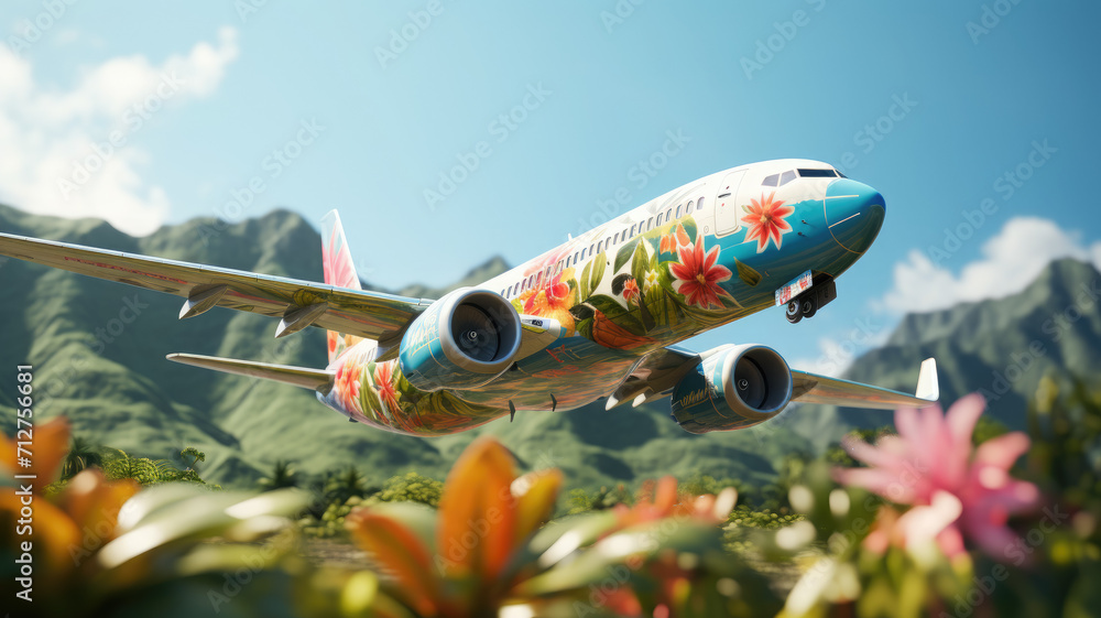 custom made wallpaper toronto digitalan airplane decorated with flowers flies across the sky, summer travel, flight to Hawaii, air transport, tourism, nature, beauty, vacation, tropics, height, speed, garland