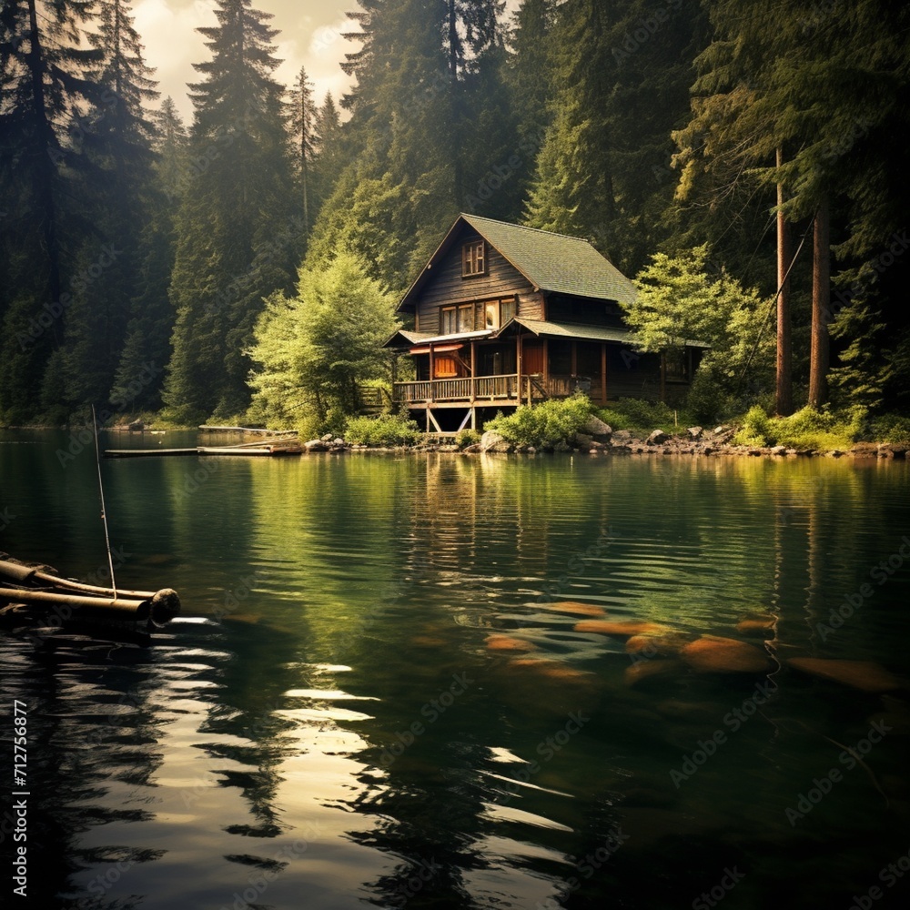 Beautiful lake fishing cabin images Generative AI Beautiful lake fishing cabin images Generative AI