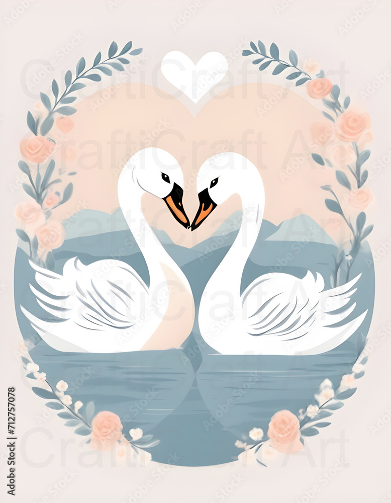 Fototapeta premium Swan Hearts Clipart, cartoon animals, wedding concept
