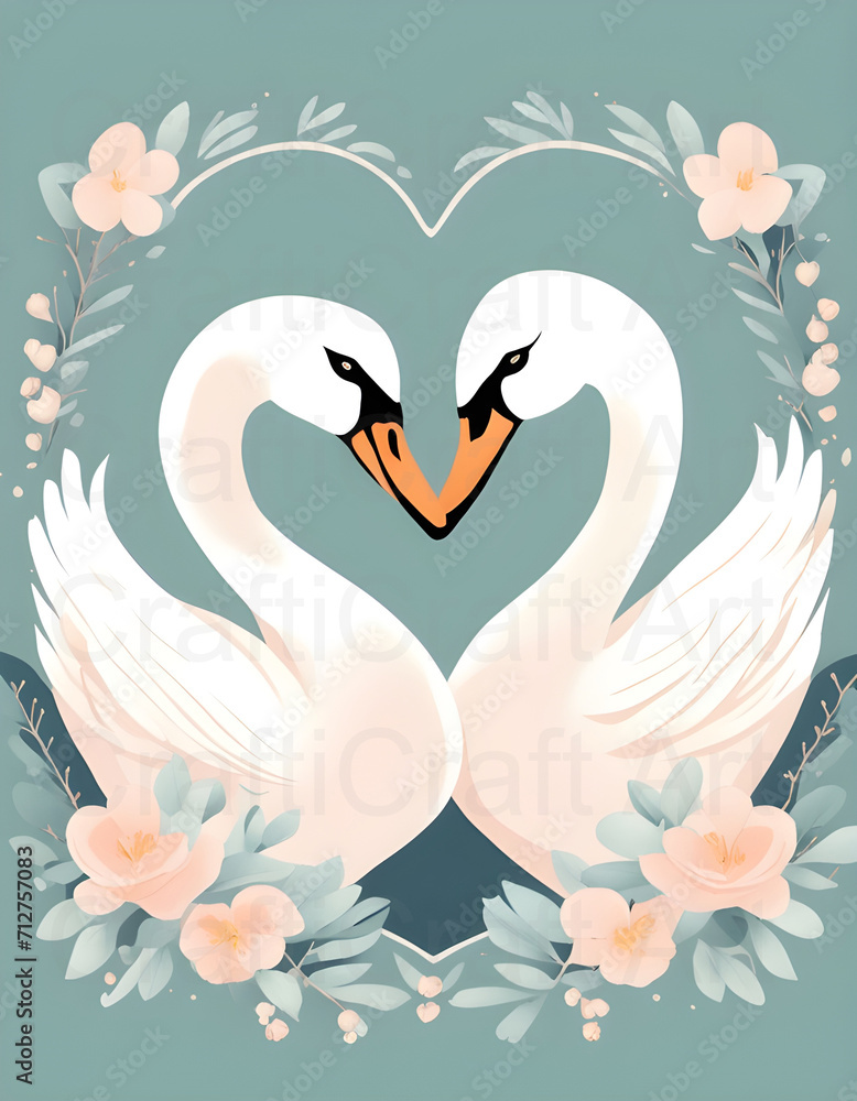 Fototapeta premium Swan Hearts Clipart, cartoon animals, wedding concept