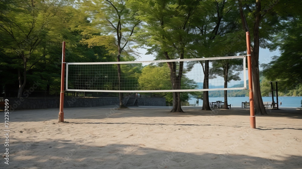 Vibrant recreation area featuring a volleyball net and a sand court ready for play