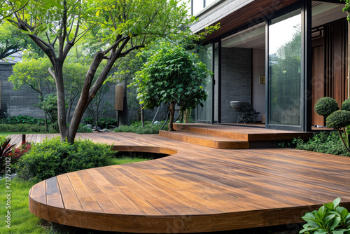 Chinese wood deck wooden patio in garden