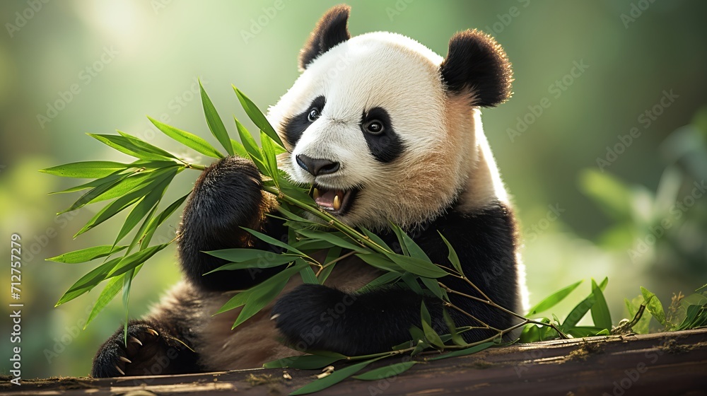 Obraz premium Giant panda munching on fresh bamboo in lush natural habitat, surrounded by beautiful greenery