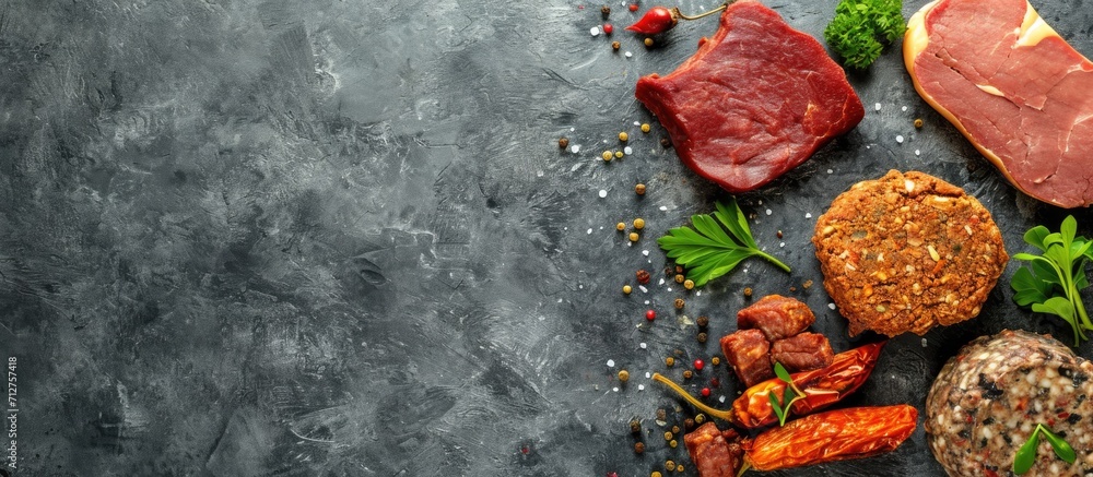 Assortment of vegan meat, viewed from above with space for text. Assortment of vegan meat, viewed from above with space for text.
